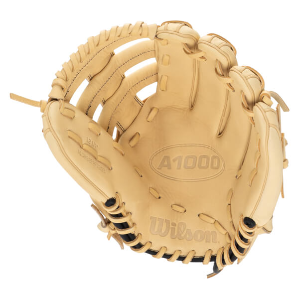 Front view of a tan leather baseball glove with "A1000" and "Wilson" logos.