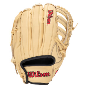 Front view of a tan baseball glove with red "Wilson" branding on the palm and wrist.