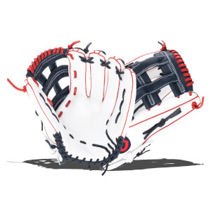 Front view of a white baseball glove with navy blue and red accents, featuring red lacing and a red circular logo.