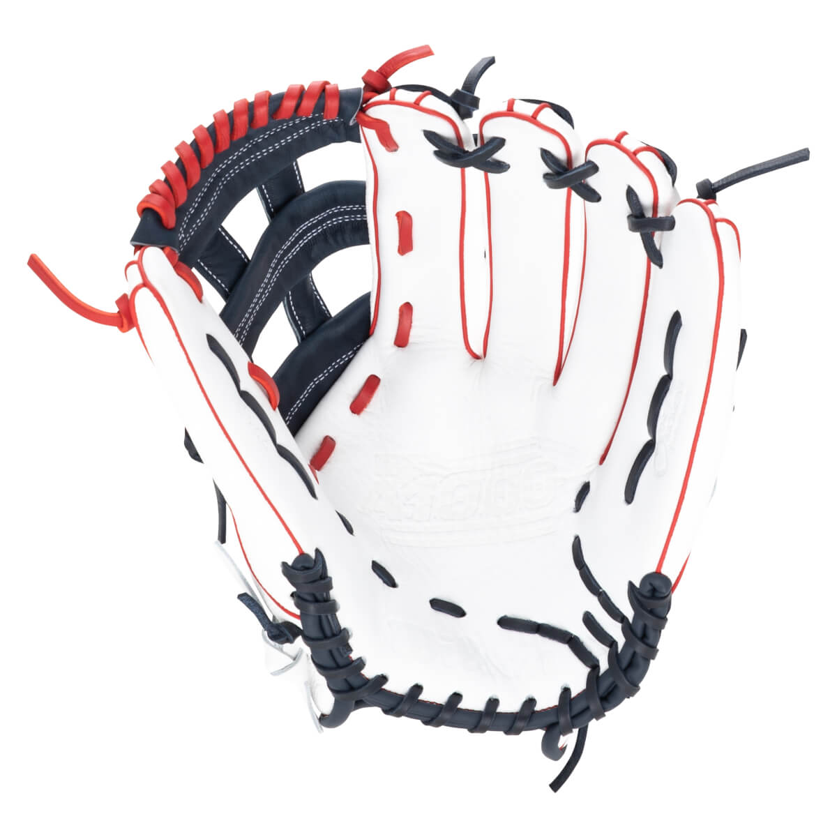 Top-down view of a white baseball glove with red and navy accents and "WILSON" embossed on the palm.