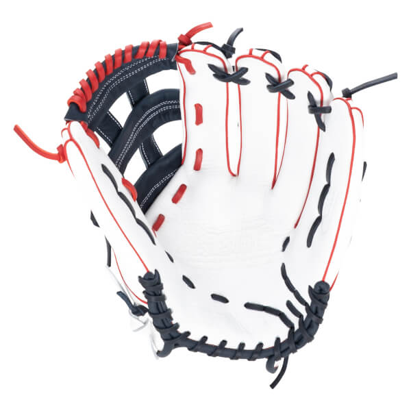 Top-down view of a white baseball glove with red and navy accents and "WILSON" embossed on the palm.