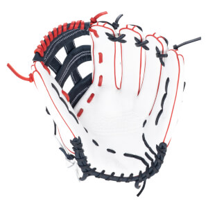 Top-down view of a white baseball glove with red and navy accents and "WILSON" embossed on the palm.