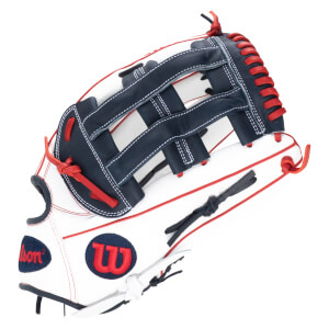 Top-down view of a white baseball glove with navy blue and red lacing, featuring a red "W" logo.