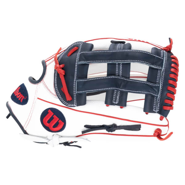 Front view of a white baseball glove with navy and red accents, featuring "W" logos.