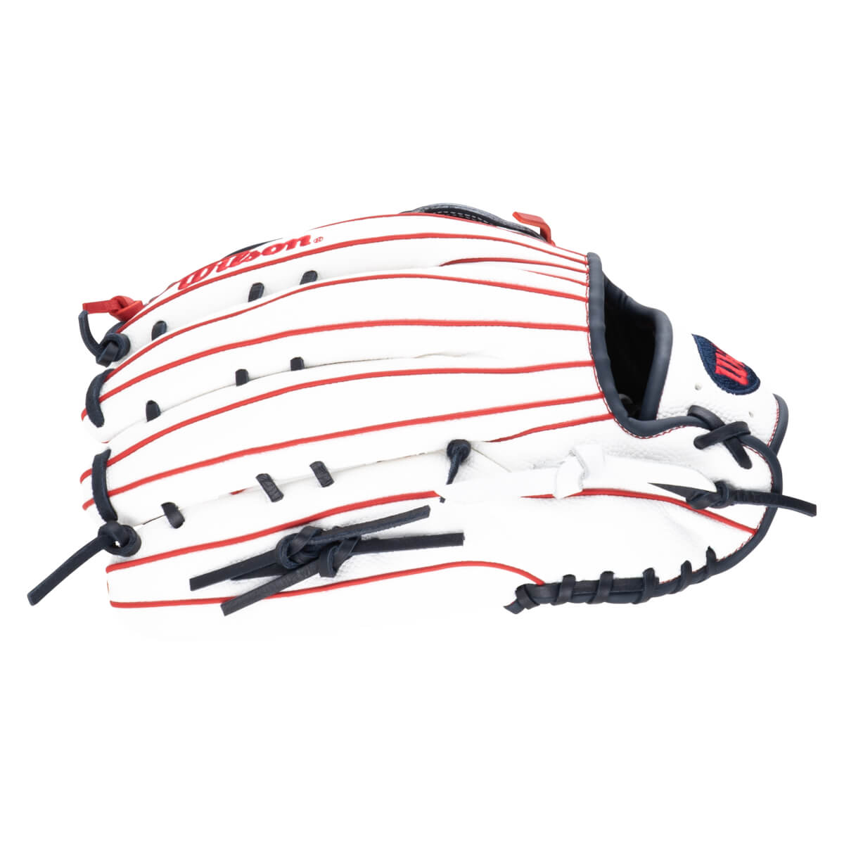 Side view of a white baseball glove with red pinstripes and a navy blue Wilson logo.
