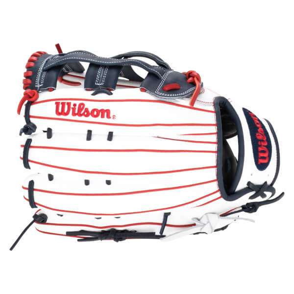 Side view of a white baseball glove with red lacing and the "Wilson" logo.