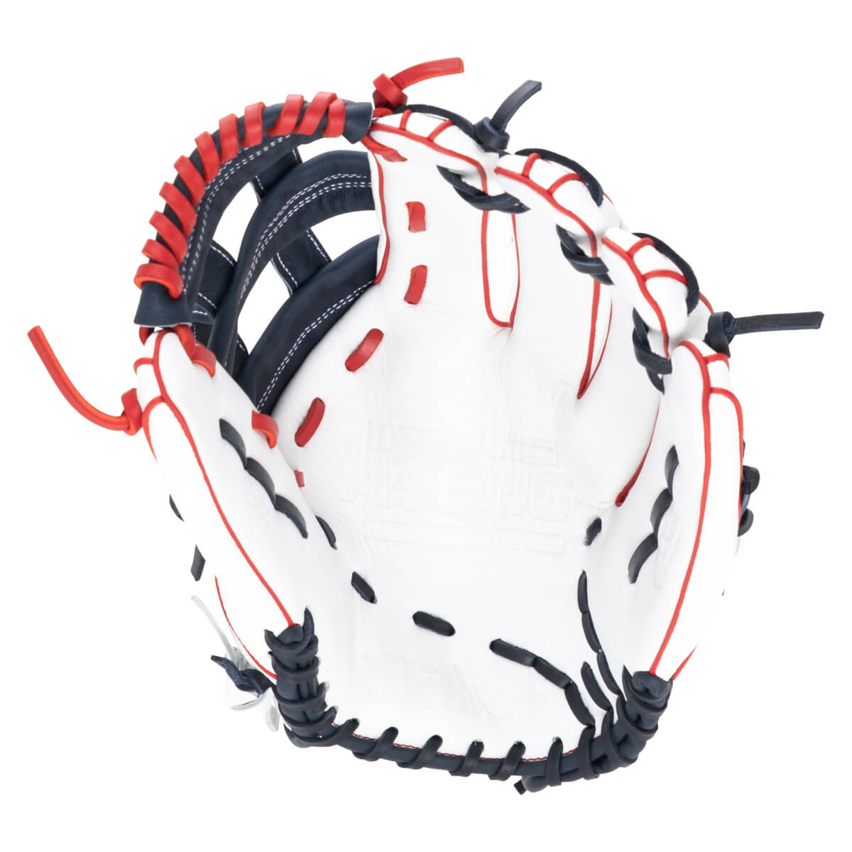Top-down view of a white baseball glove with red and navy accents and "WILSON" embossed on the palm.
