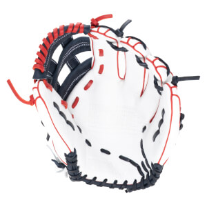 Top-down view of a white baseball glove with red and navy accents and "WILSON" embossed on the palm.