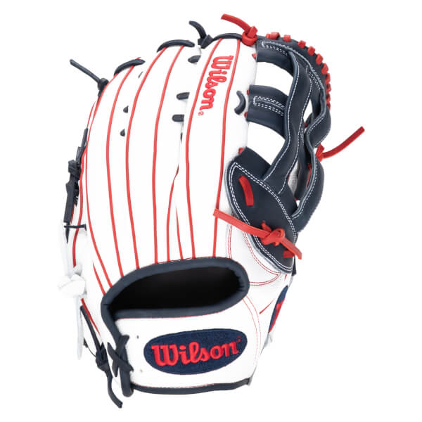 Front view of a white baseball glove with red stripes, navy accents, and a "Wilson" logo.