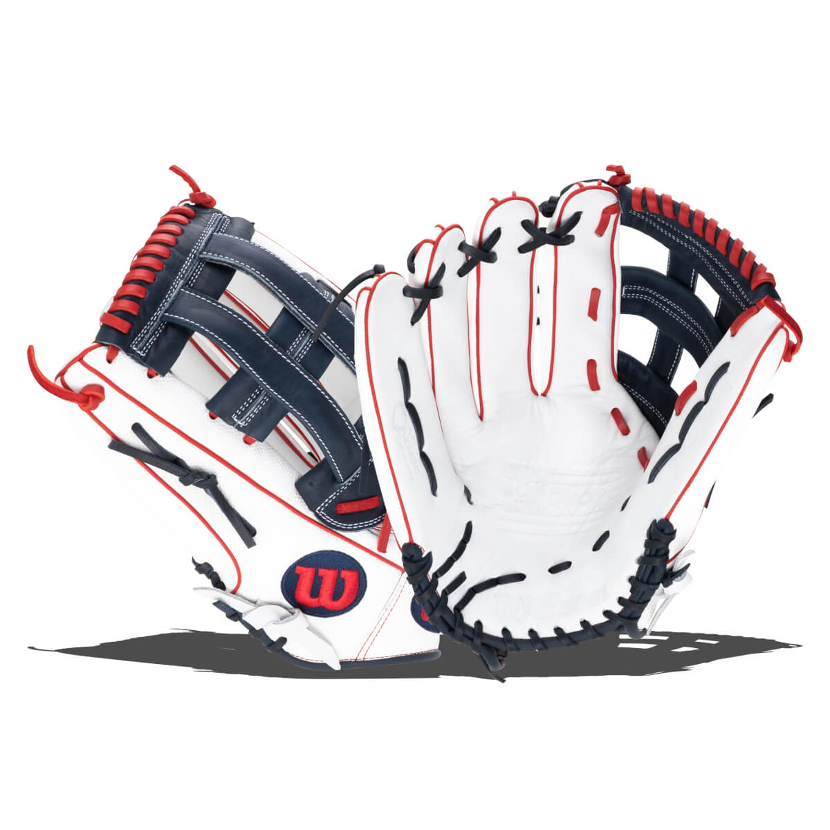 Front view of a white baseball glove with navy and red accents, featuring a red "W" logo.