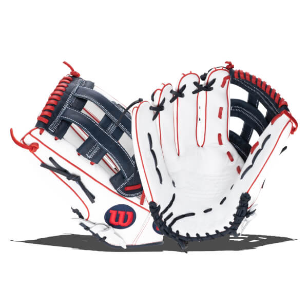Front view of a white baseball glove with navy and red accents, featuring a red "W" logo.
