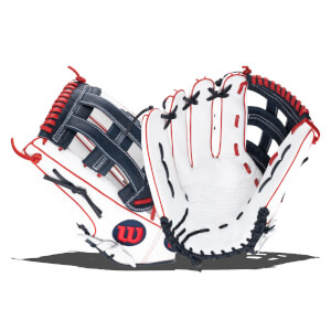 Front view of a white baseball glove with navy and red accents, featuring a red "W" logo.