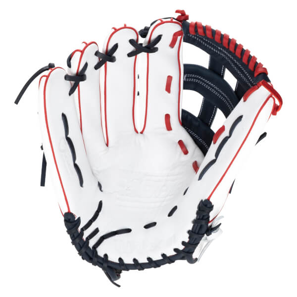 Top-down view of a white baseball glove with red and navy accents, featuring "Wilson" and "A2000" branding.