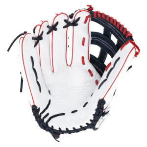Top-down view of a white baseball glove with red and navy accents, featuring "Wilson" and "A2000" branding.