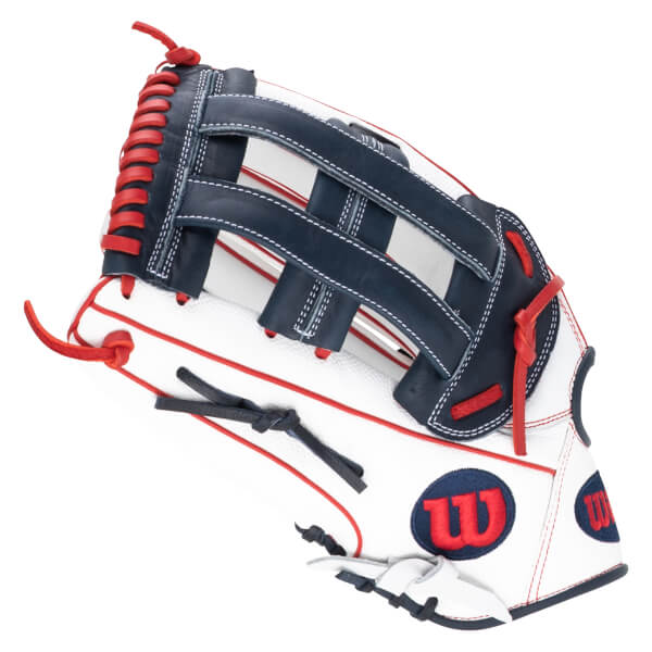 Top-down view of a white baseball glove with navy blue and red accents, featuring a red "W" logo.