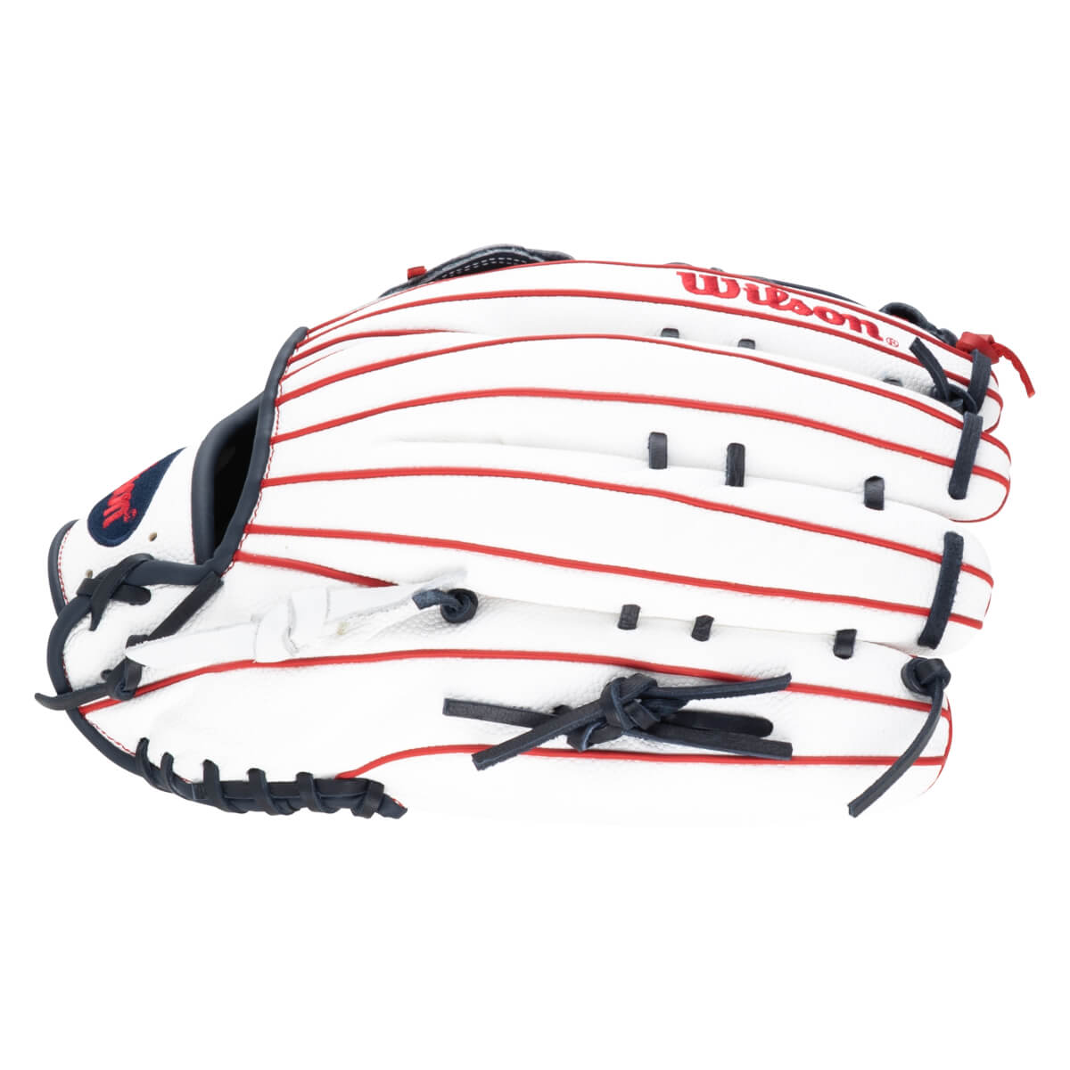 Side view of a white baseball glove with red stripes and "Wilson" logo.
