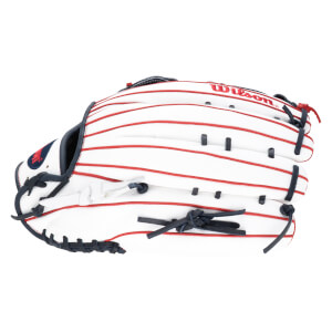 Side view of a white baseball glove with red stripes and "Wilson" logo.