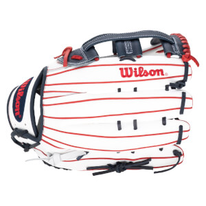 Front view of a white baseball glove with red pinstripes, a navy blue wrist strap, and the "Wilson" logo in red.