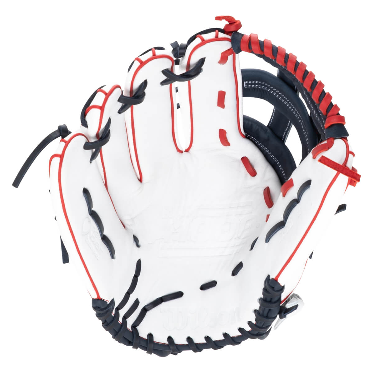 Top-down view of a white baseball glove with red and navy accents, showing the "Wilson" logo.