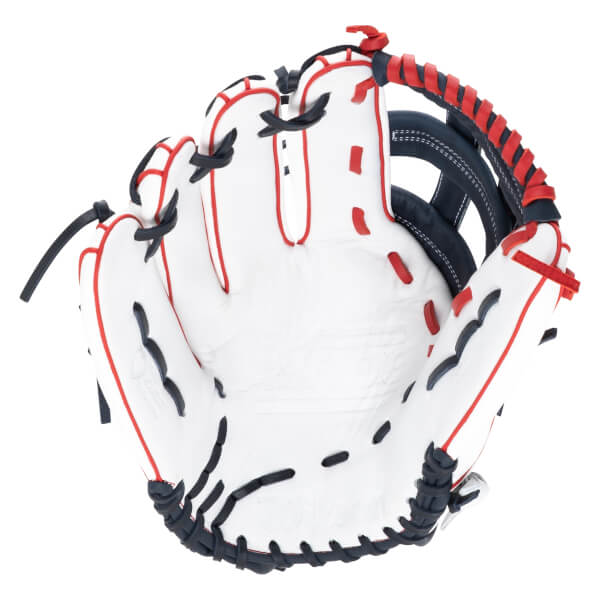 Top-down view of a white baseball glove with red and navy accents, showing the "Wilson" logo.