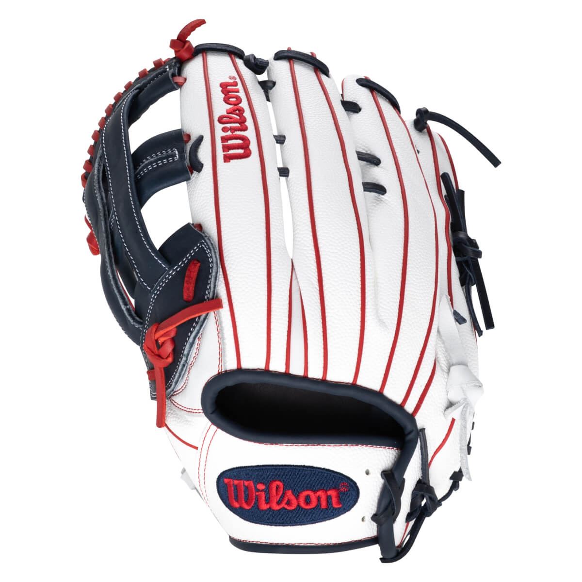 Front view of a white baseball glove with red stitching and a navy blue wrist strap featuring the red "Wilson" logo.