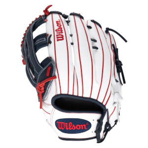 Front view of a white baseball glove with red stitching and a navy blue wrist strap featuring the red "Wilson" logo.