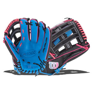 Front view of a blue and black Wilson A1000 baseball glove with pink lacing and a Wilson logo.