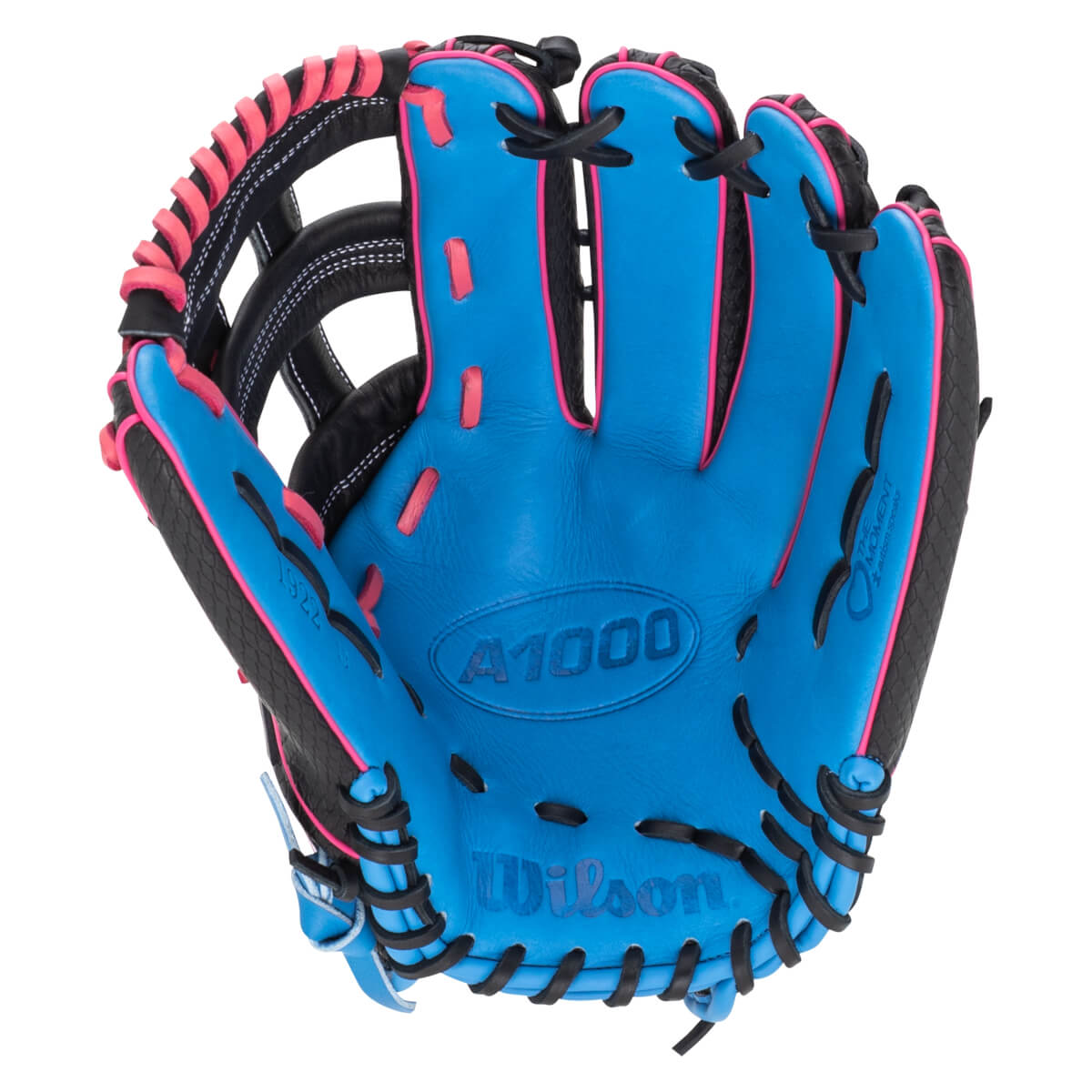 Interior view of a blue baseball glove with pink lacing and black accents, showing the "A1000" and "Wilson" logos.