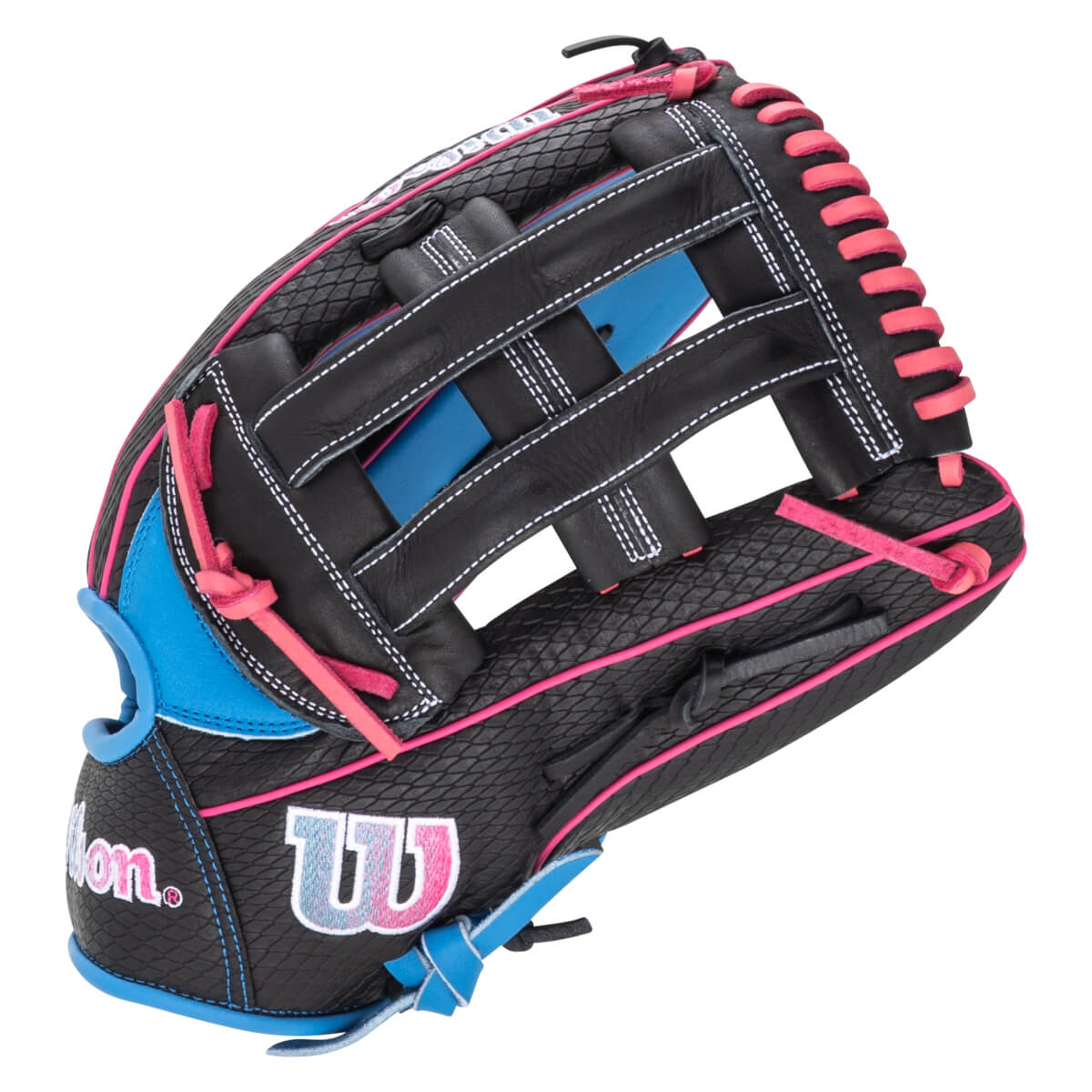 Side view of a black baseball glove with pink and blue accents, featuring the "Wilson" logo.