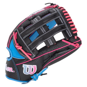 Side view of a black baseball glove with pink and blue accents, featuring the "Wilson" logo.