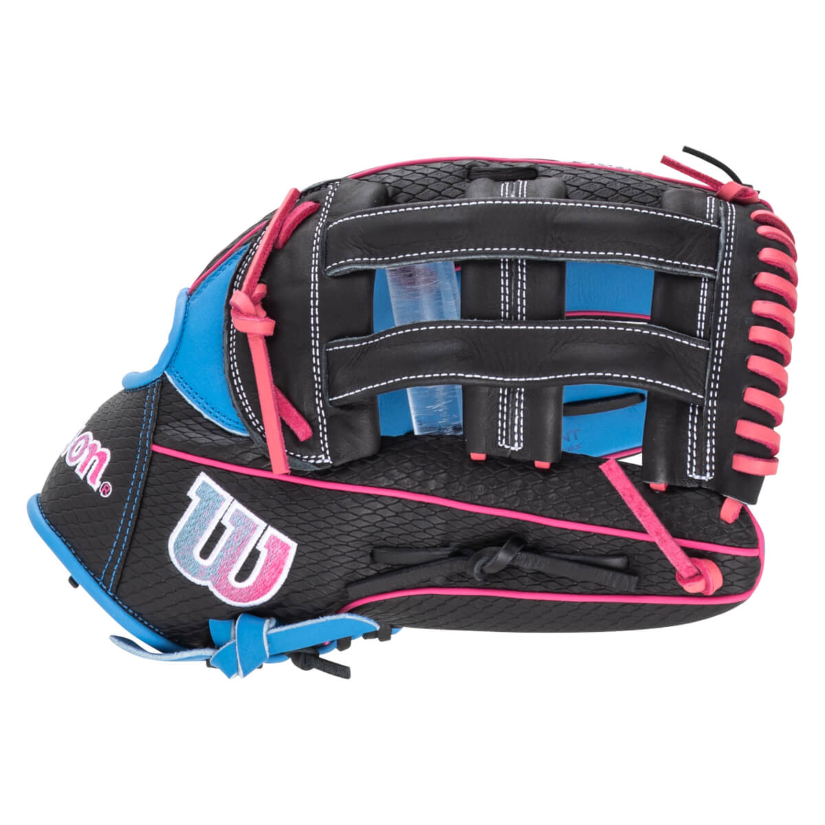 Side view of a black Wilson baseball glove with pink and blue accents, featuring a textured palm and the "W" logo.