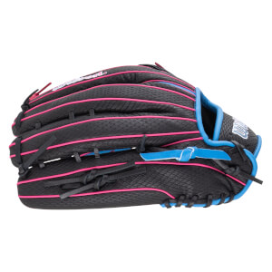 Side view of a black baseball glove with pink lacing and blue accents, featuring a textured surface and "Wilson" logo.