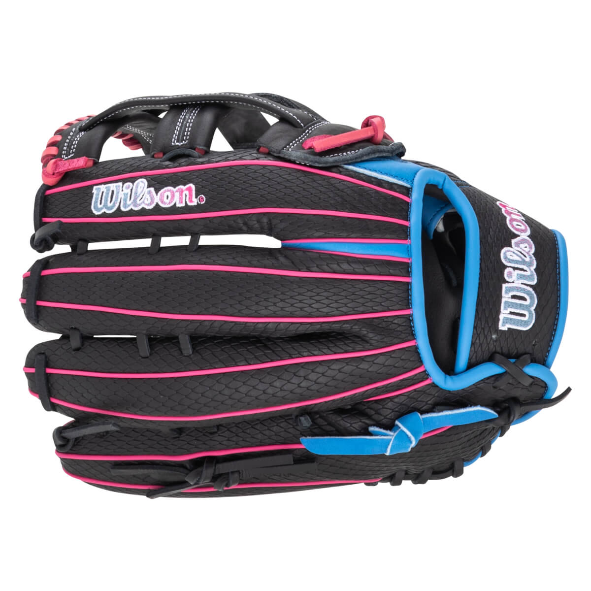 Side view of a black Wilson baseball glove with pink and blue accents and "Wilson" text.