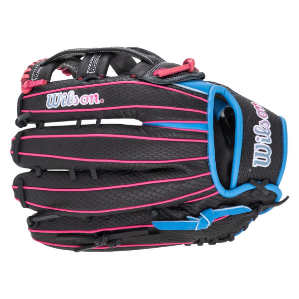 Side view of a black Wilson baseball glove with pink and blue accents and "Wilson" text.