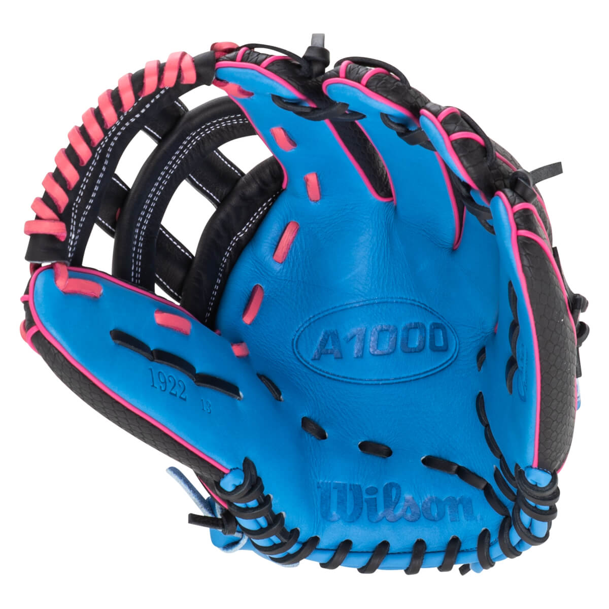 Inside view of a blue Wilson A1000 baseball glove with pink accents and black lacing.
