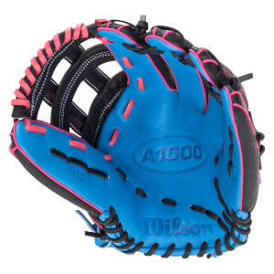 Inside view of a blue Wilson A1000 baseball glove with pink accents and black lacing.