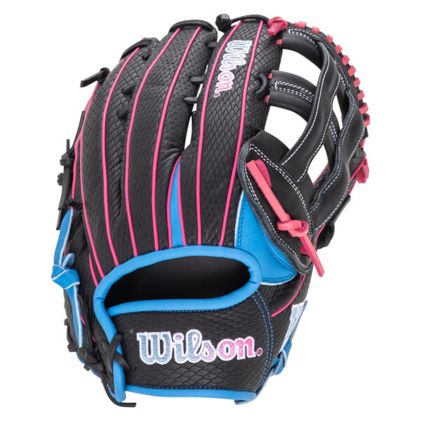 Front view of a black Wilson baseball glove with pink and blue accents and stitching.