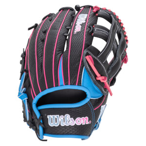 Front view of a black Wilson baseball glove with pink and blue accents and stitching.