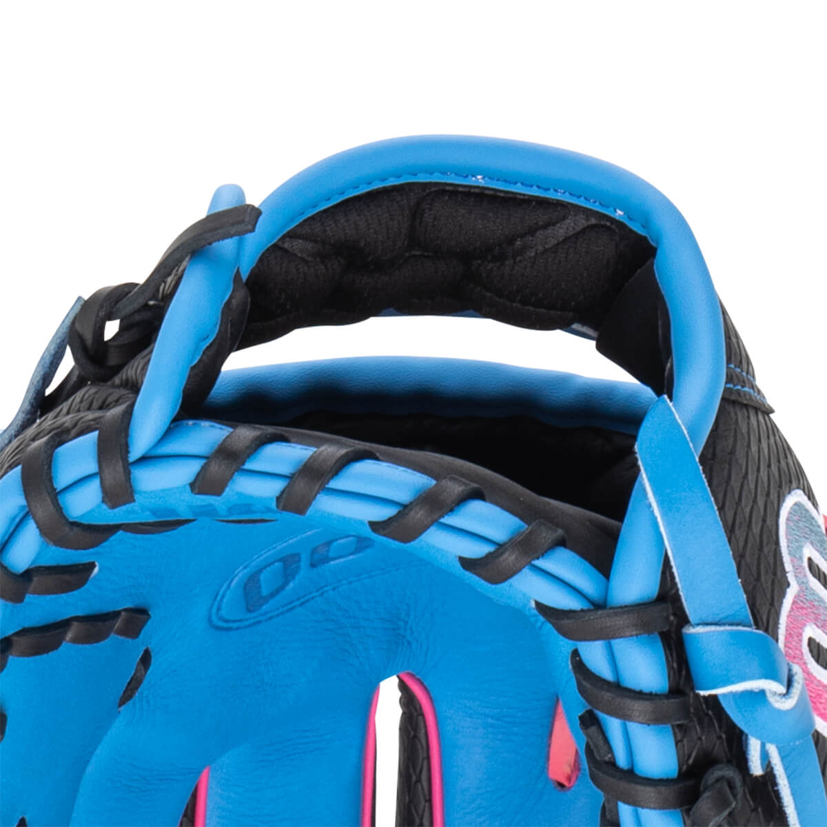 Close-up of a blue baseball glove showing black lacing and pink trim.