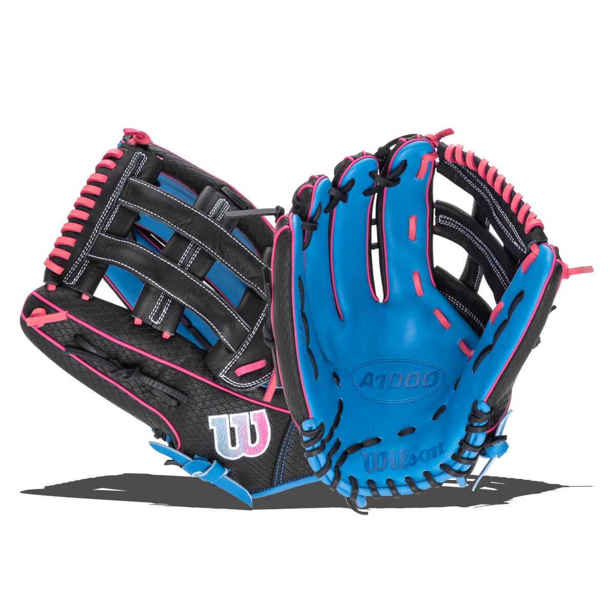 Front view of a black and blue Wilson A1000 baseball glove with pink lacing and stitching.
