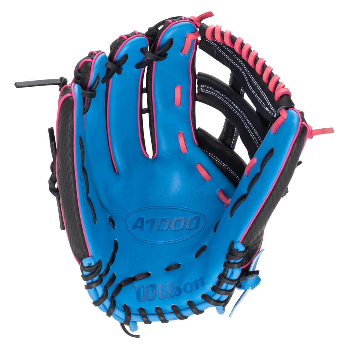 Front view of a blue Wilson A1000 baseball glove with pink lacing and black accents.