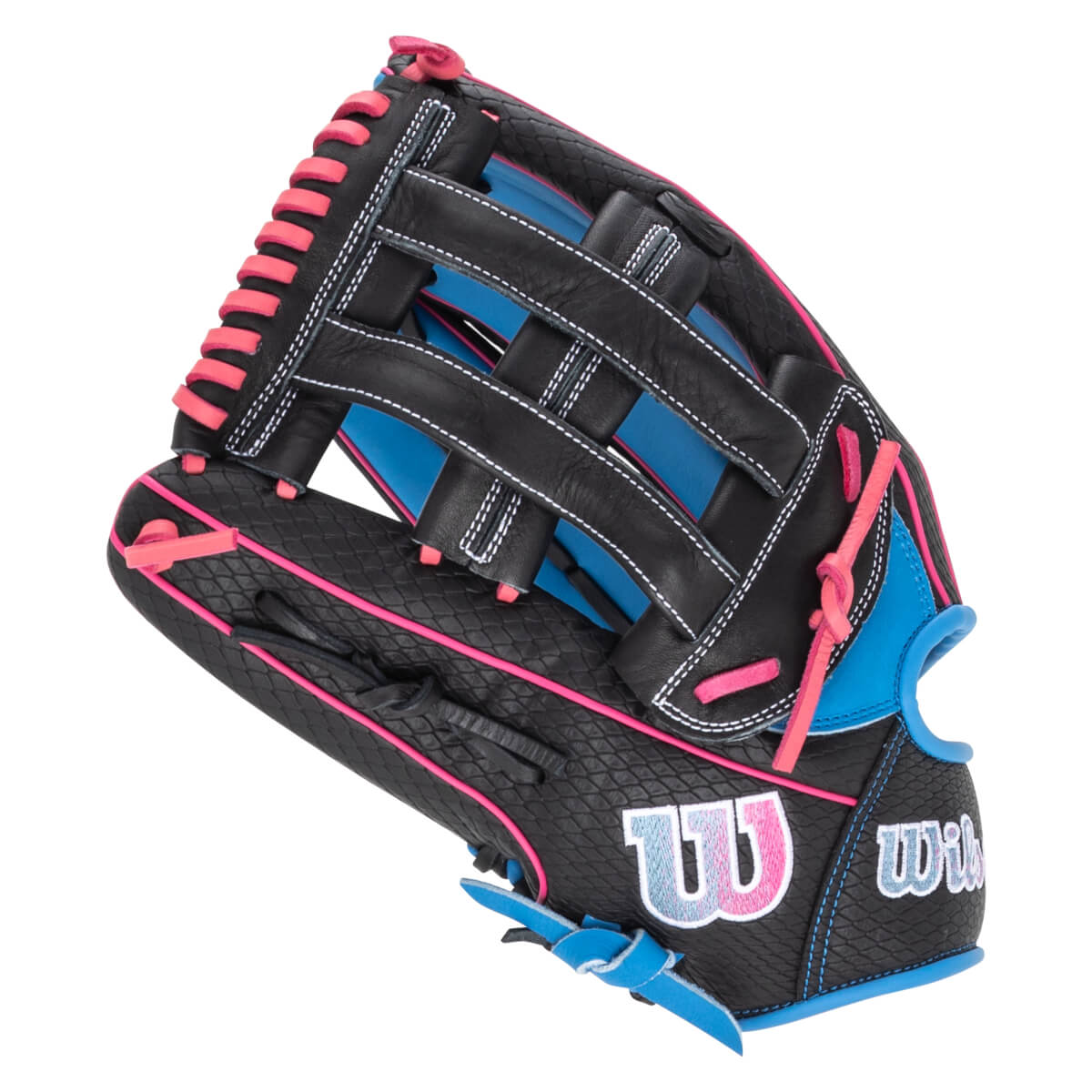 Side view of a black Wilson baseball glove with pink lacing and blue accents.