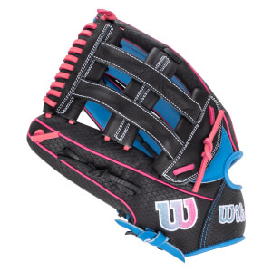 Side view of a black Wilson baseball glove with pink lacing and blue accents.
