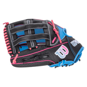 Side view of a black baseball glove with pink lacing, blue accents, and a "W" logo.