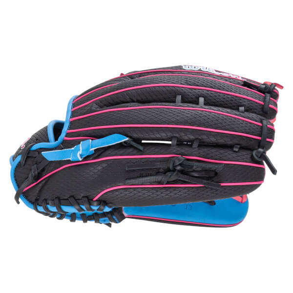 Side view of a black baseball glove with pink lacing and blue accents.