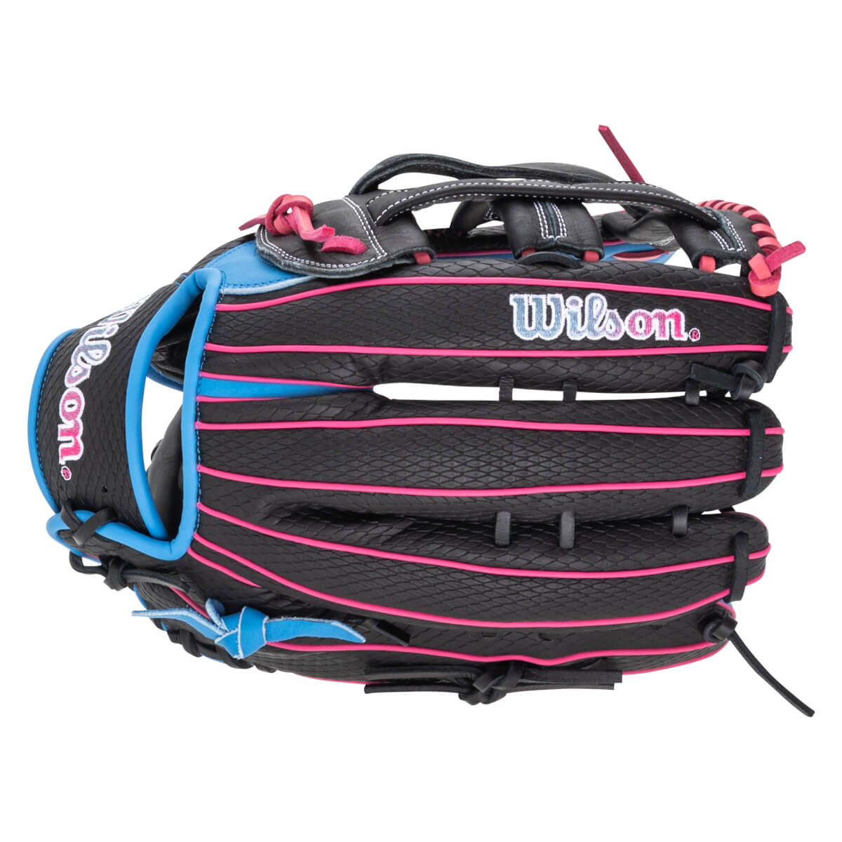 Front view of a black Wilson baseball glove with pink and blue accents and "Wilson" text.