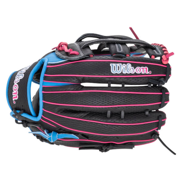 Front view of a black Wilson baseball glove with pink and blue accents and "Wilson" text.