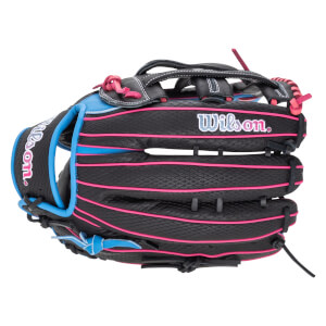 Front view of a black Wilson baseball glove with pink and blue accents and "Wilson" text.