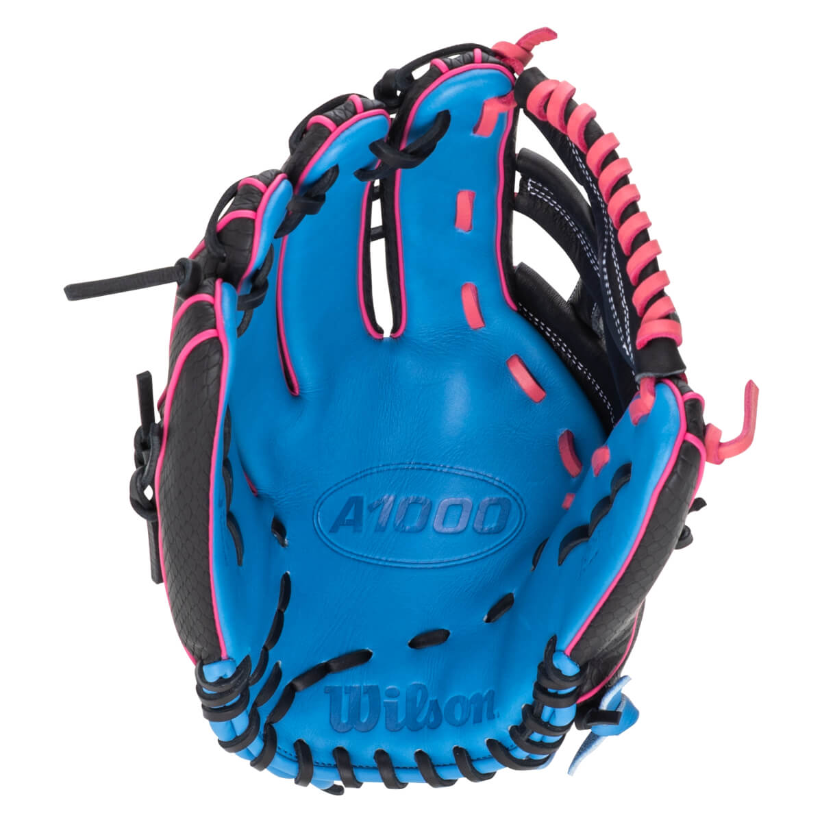 Top-down view of a blue baseball glove with pink lacing and "A1000" and "Wilson" logos.