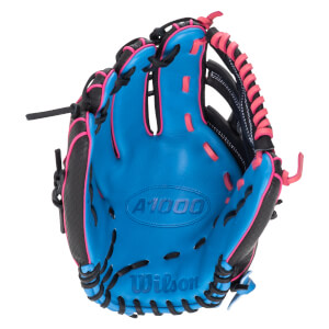 Top-down view of a blue baseball glove with pink lacing and "A1000" and "Wilson" logos.